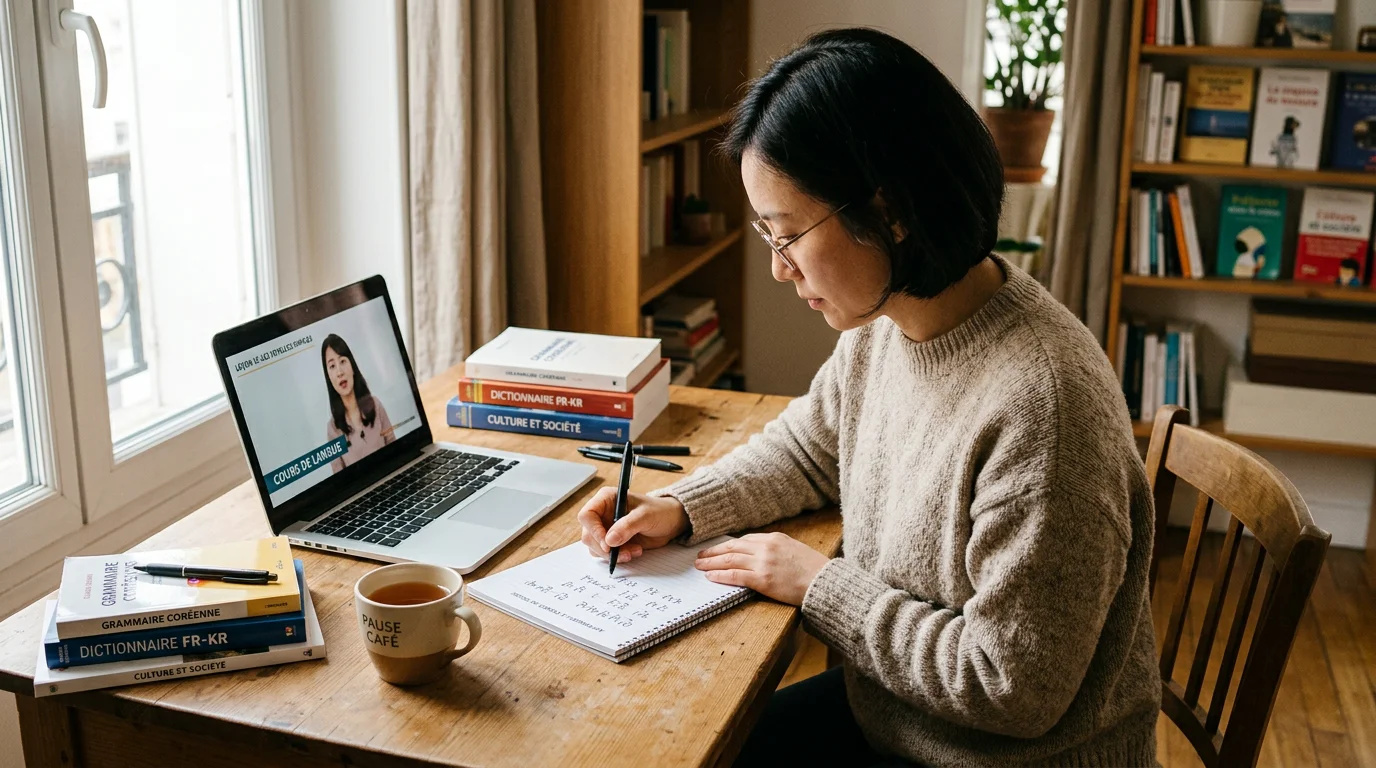 Étudiant adulte s'exerçant à écrire le hangeul lors d'un cours de coréen