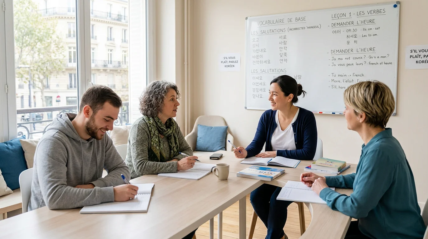 Cours collectif de coréen avec un formateur et des apprenants adultes