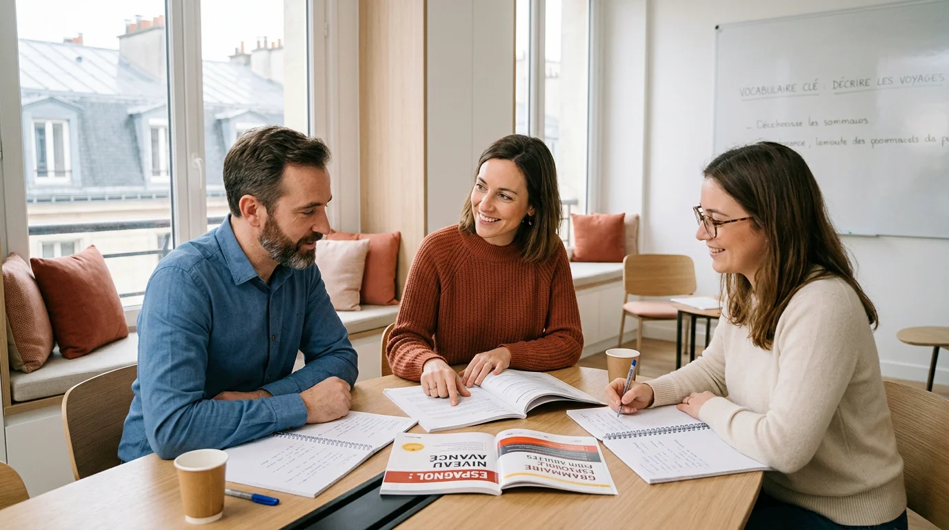 Formateur accompagnant deux apprenants lors d'un cours d'espagnol à deux