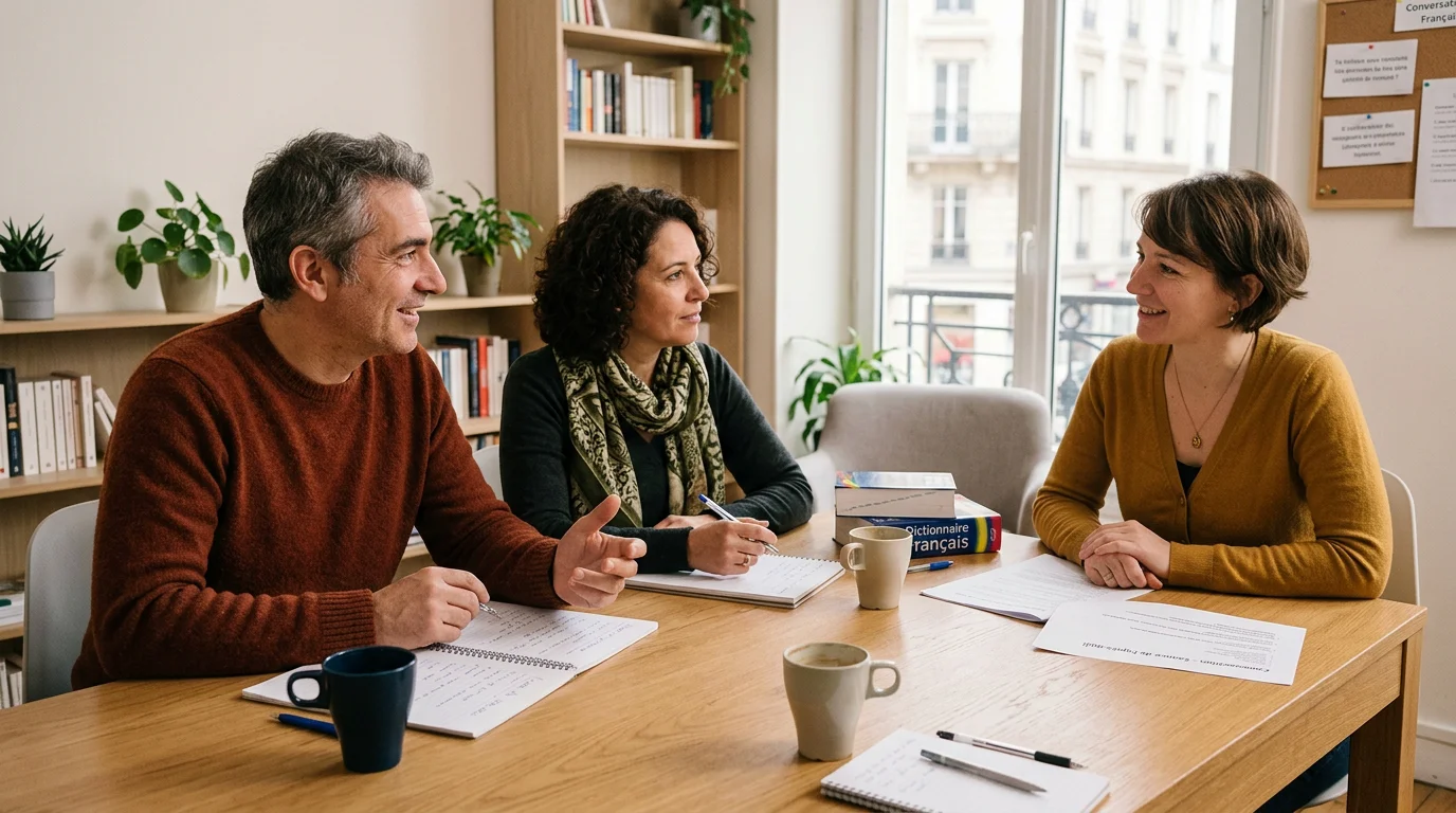 Deux apprenants suivant un cours d'espagnol en binôme avec un formateur
