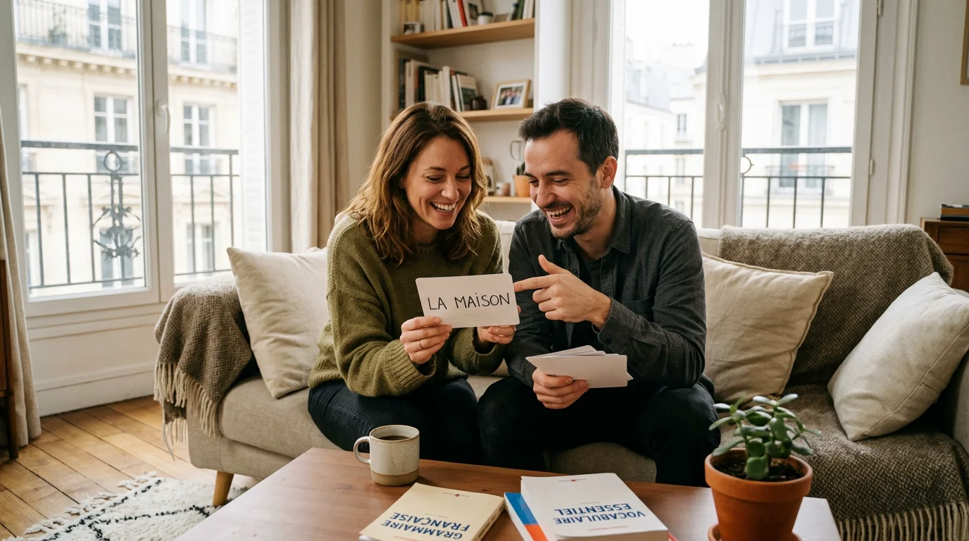 Deux apprenants révisant du vocabulaire espagnol ensemble à la maison
