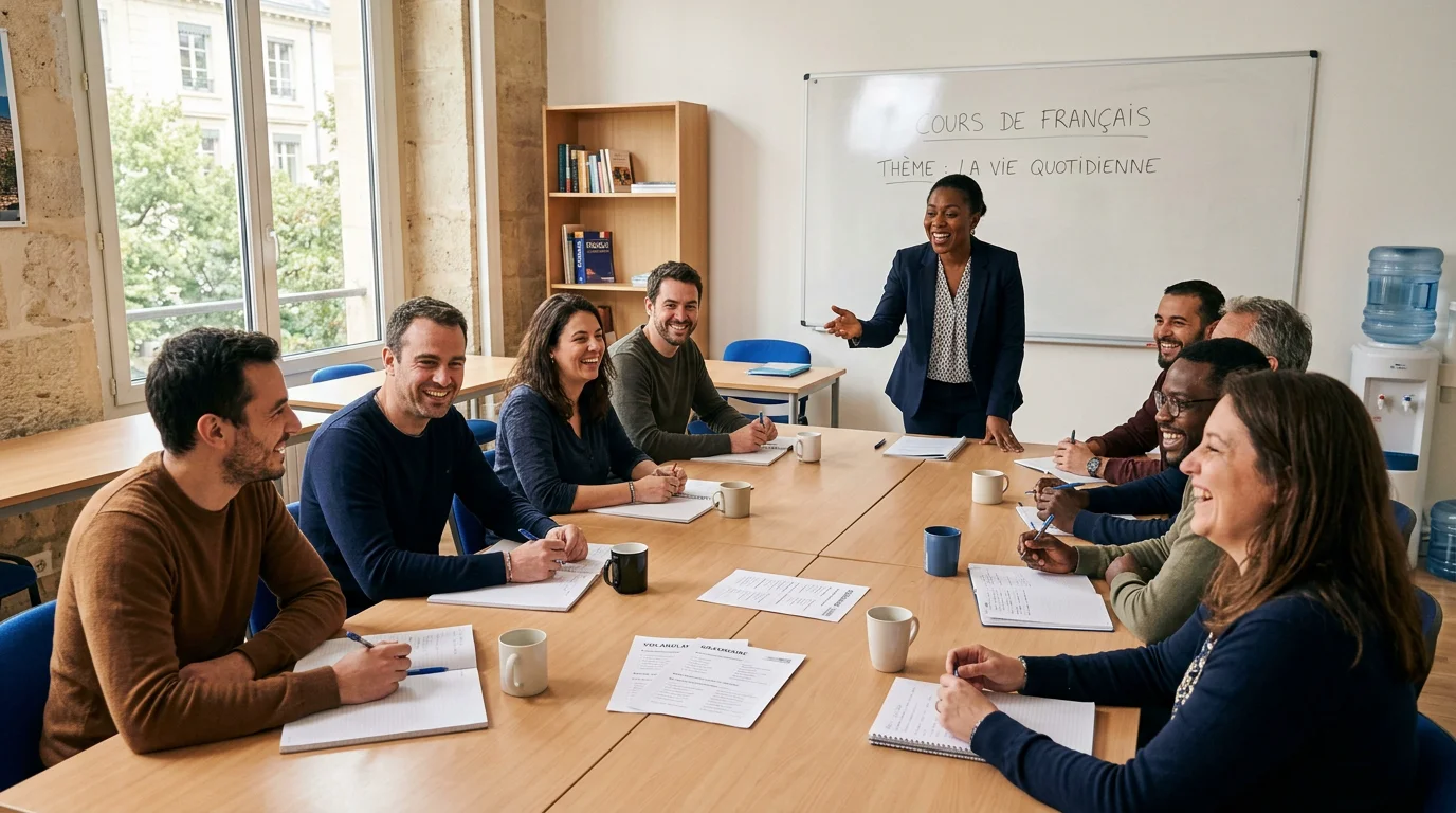 Groupe d'adultes participant à un cours de langue animé par un formateur