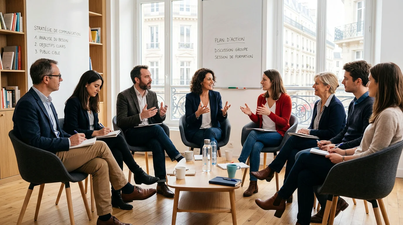 Petit groupe d'adultes en pleine conversation lors d'une formation de langue