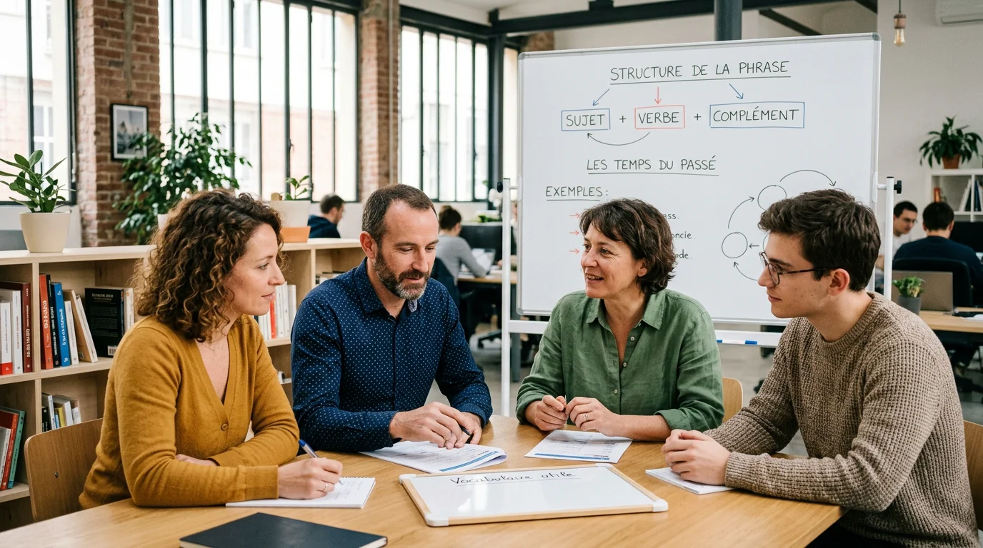 Adultes participant à un atelier de langue collaboratif dans un espace lumineux