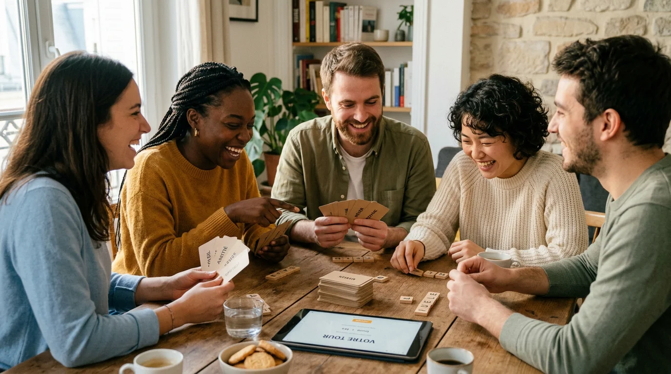 Groupe d'adultes apprenant l'anglais avec un jeu convivial