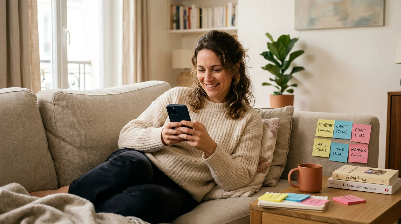 Personne apprenant l'anglais avec un jeu sur smartphone à la maison