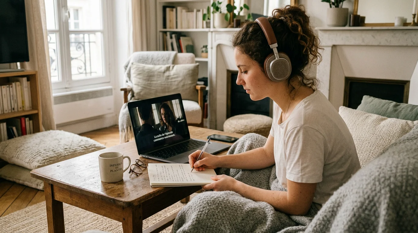Personne regardant une série en anglais avec un casque pour s'entraîner