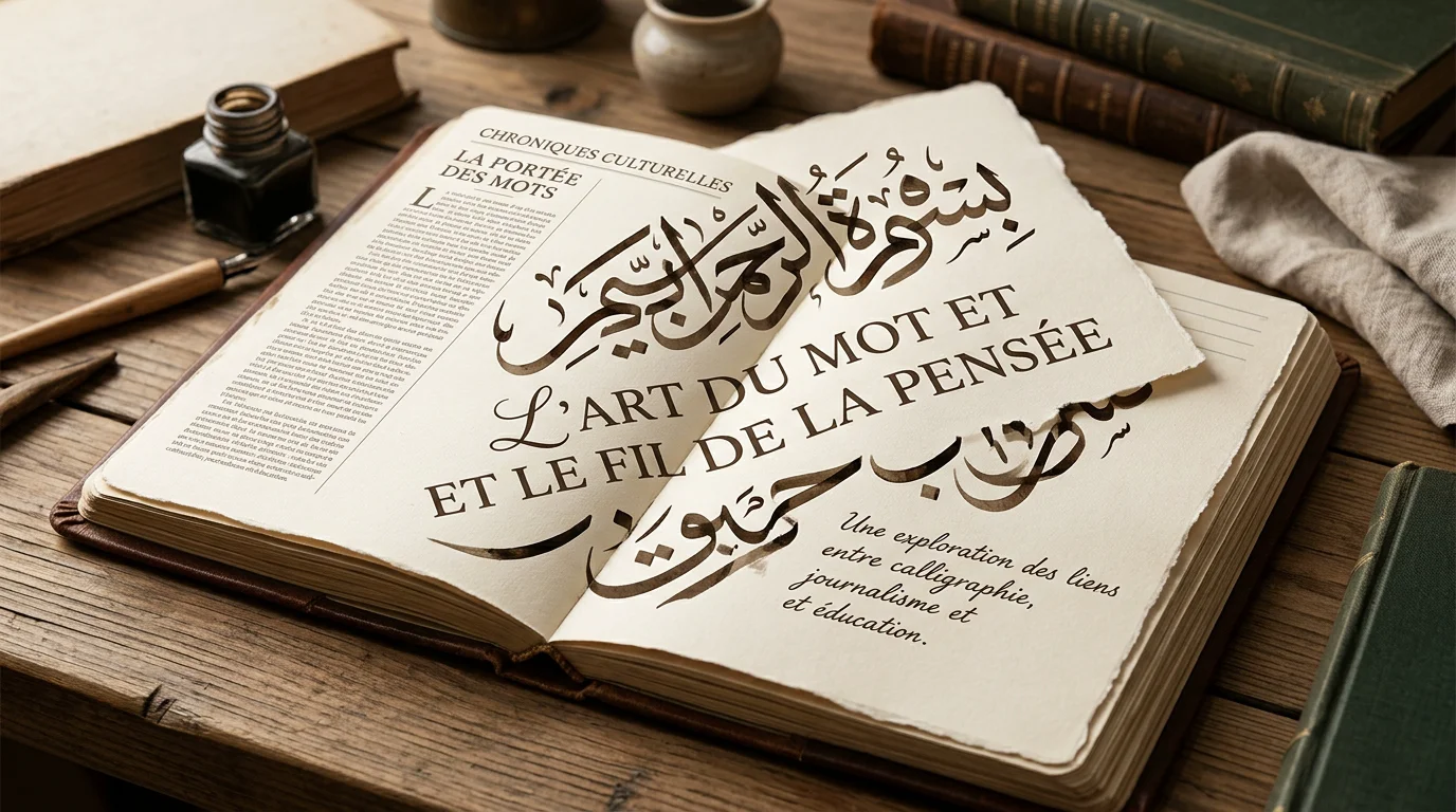 Calligraphie arabe moderne sur fond clair évoquant presse et éducation