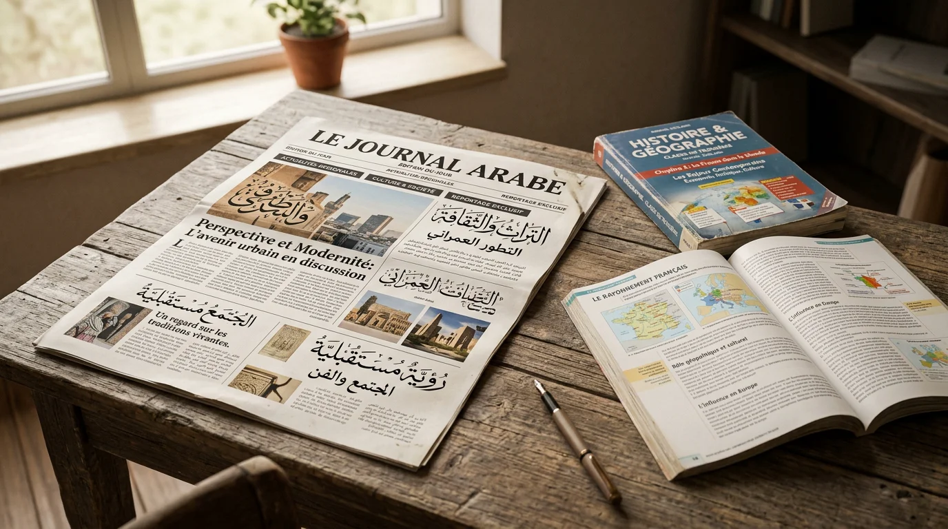 Journal et manuel scolaire en arabe posés sur un bureau en bois