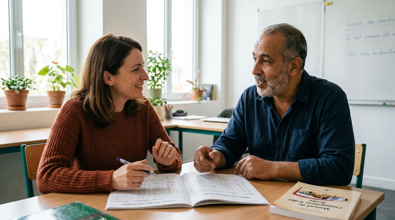 Apprenant et formateur en pleine conversation pendant un cours d'arabe