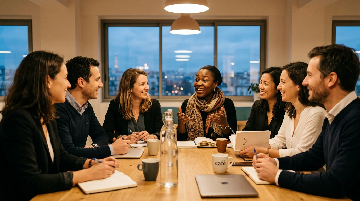 Groupe d'adultes en cours de conversation anglaise en soirée