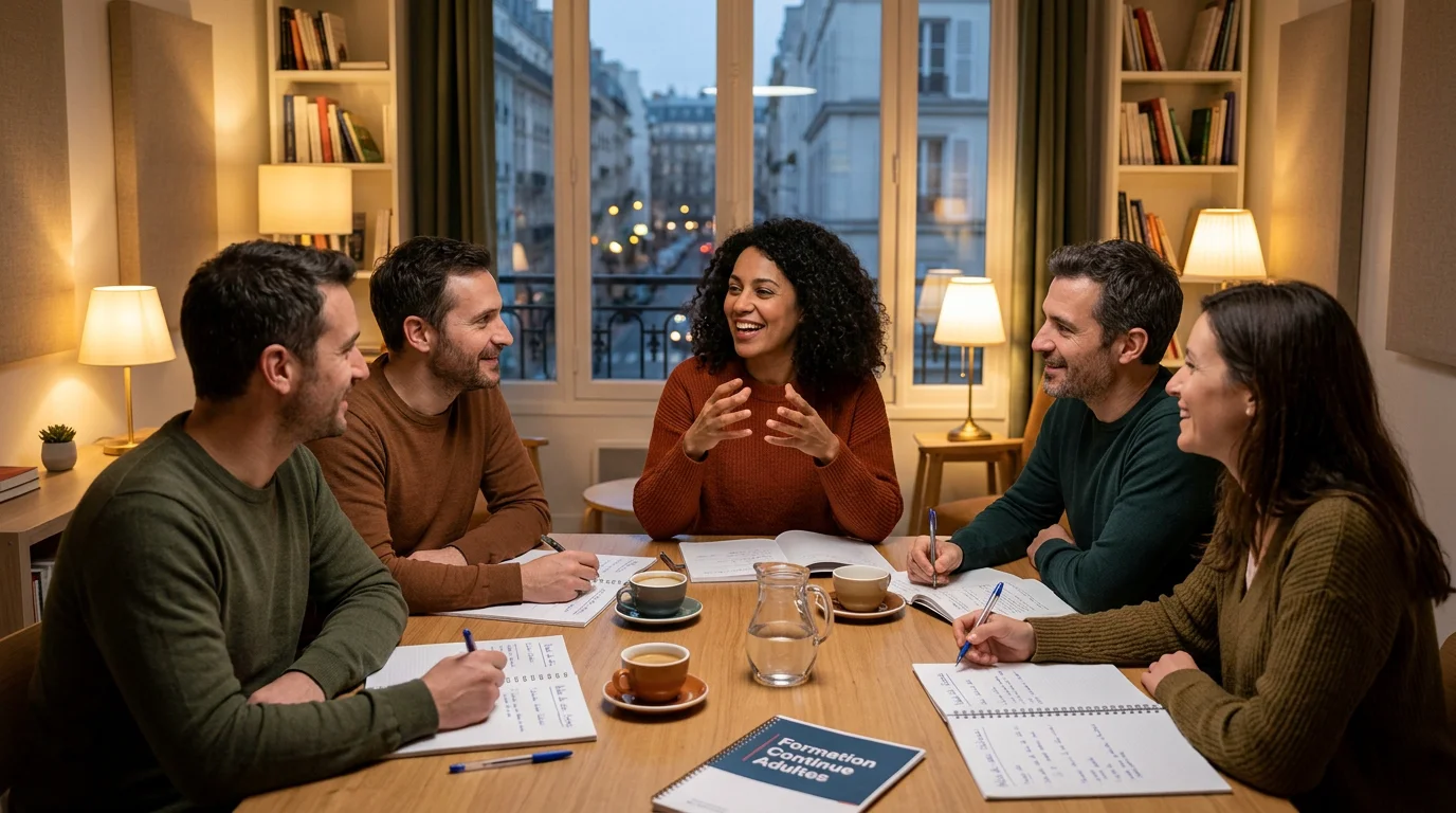 Adultes participant à une séance de conversation en anglais en soirée