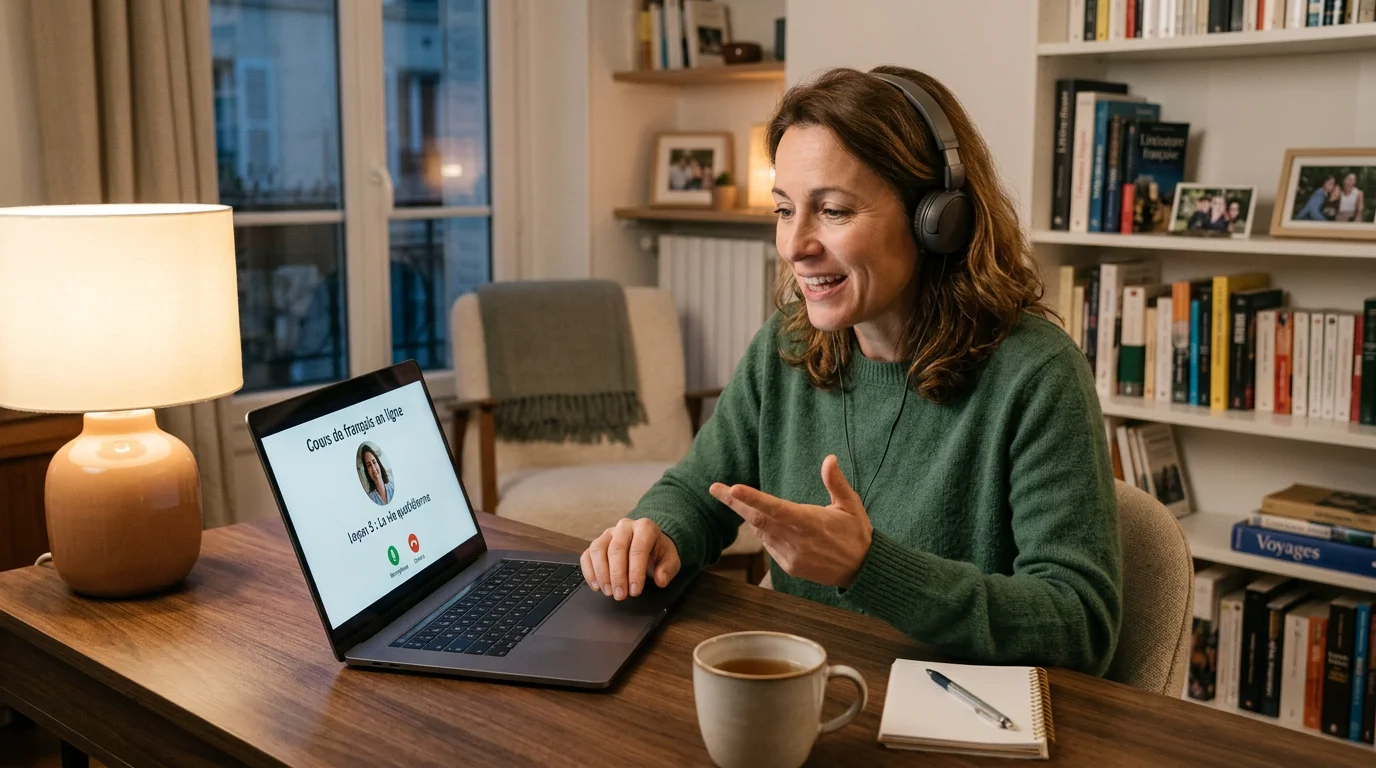 Apprenante suivant un cours de conversation en anglais en visio le soir