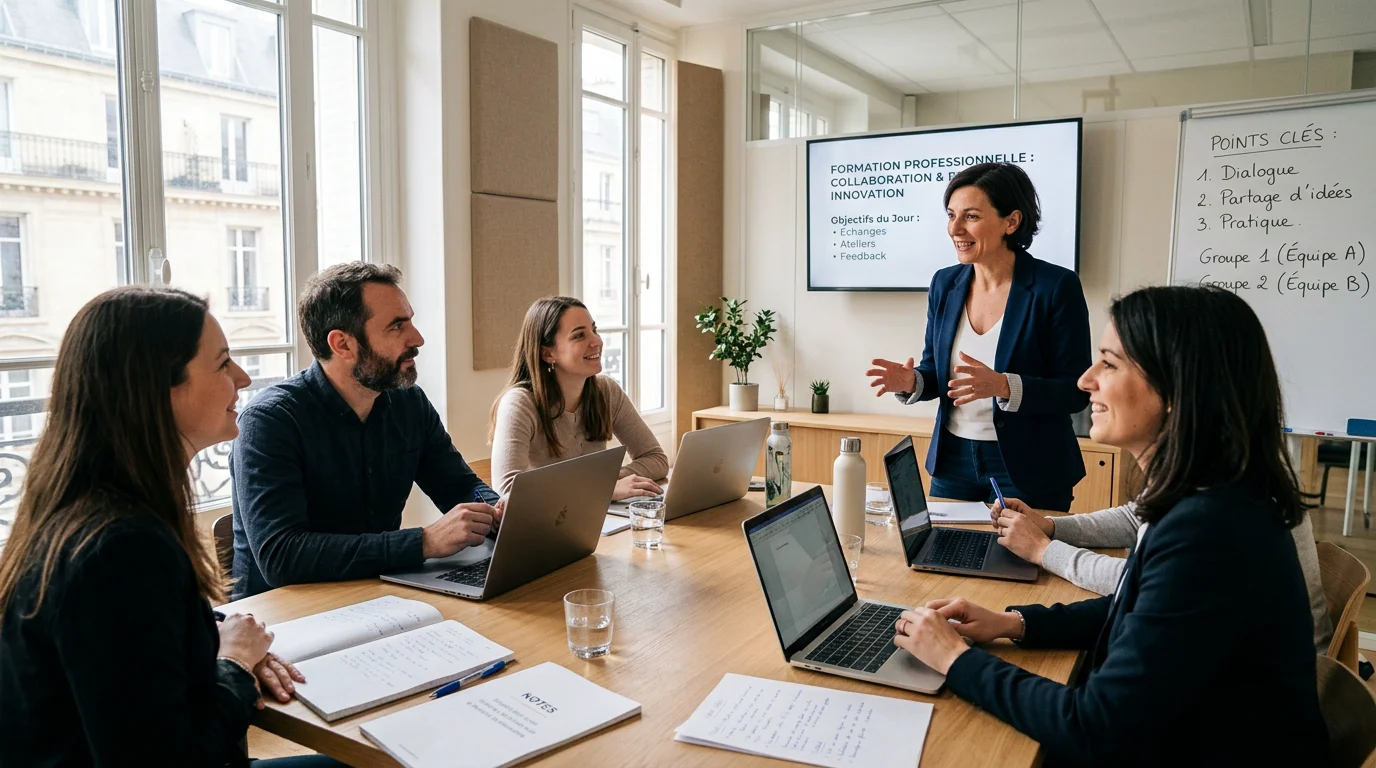 Formatrice animant un cours de langue en présentiel avec un petit groupe d'apprenants