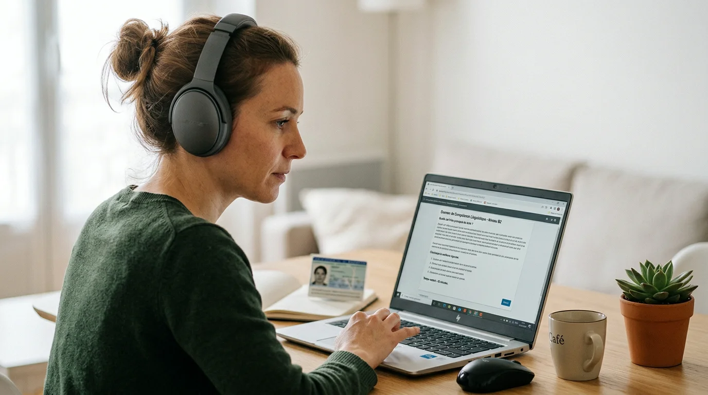 Apprenant passant un test de langue en ligne avec un casque audio