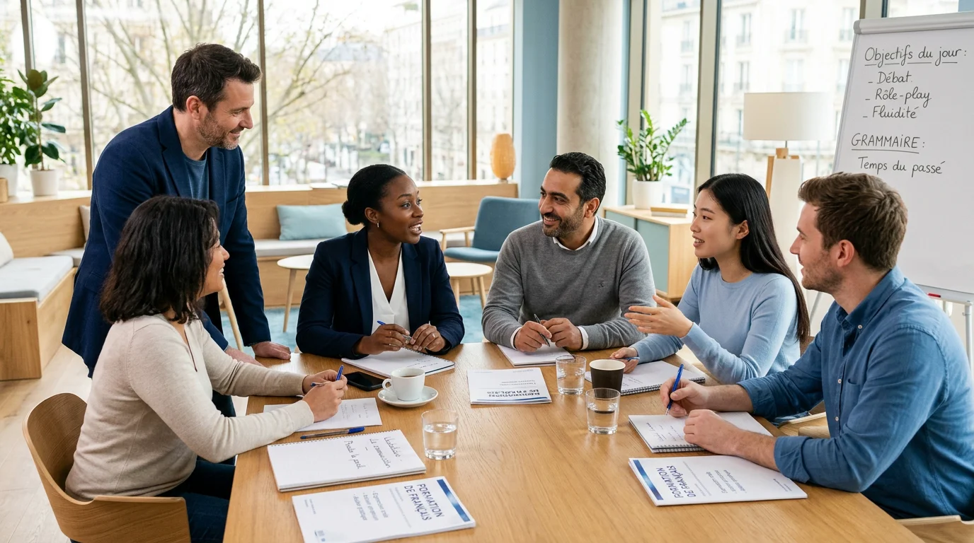 Groupe d'adultes en formation de français échangeant à l'oral dans une salle lumineuse