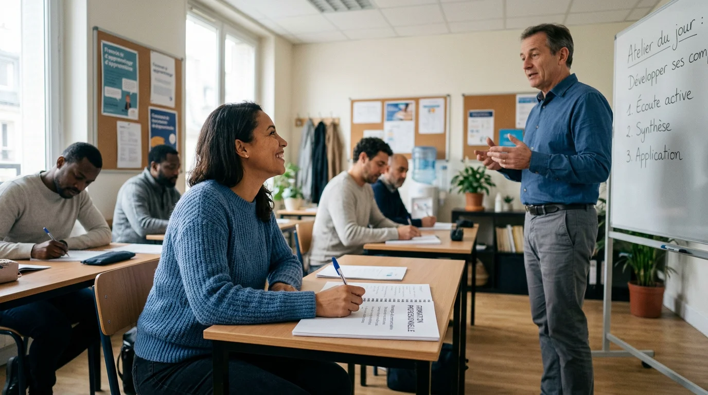 Adulte suivant un cours de français dans une salle lumineuse avec un formateur