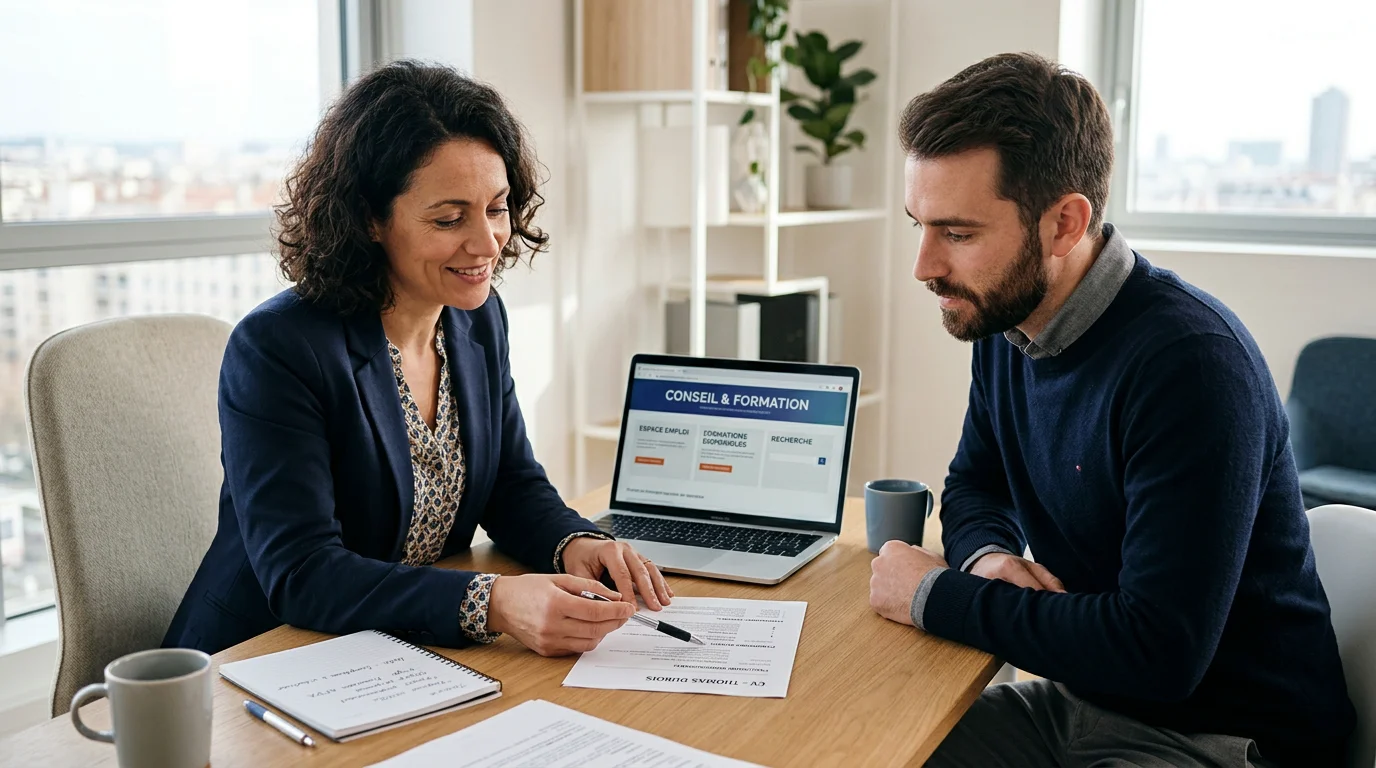 Conseillère et demandeur d'emploi examinant un dossier de financement de formation