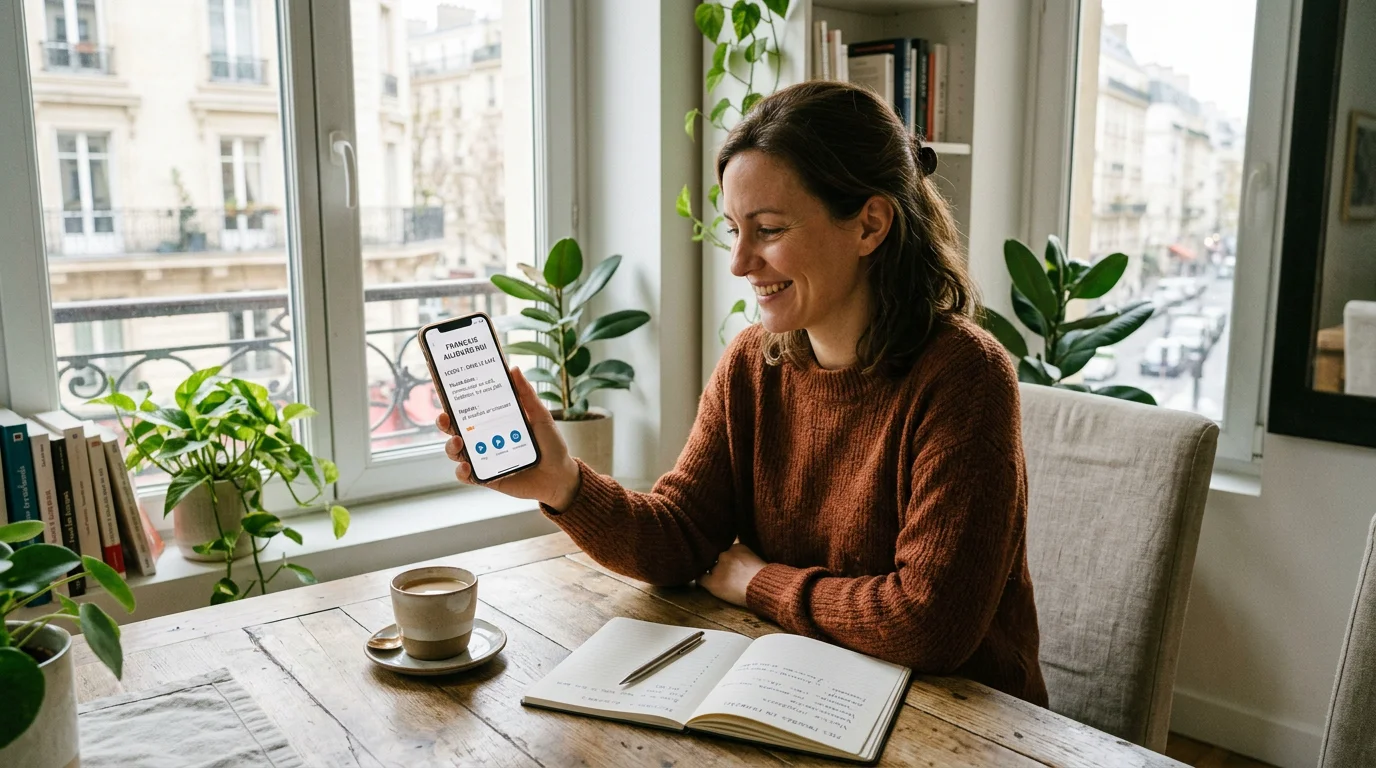 Personne apprenant une langue sur une application depuis chez elle