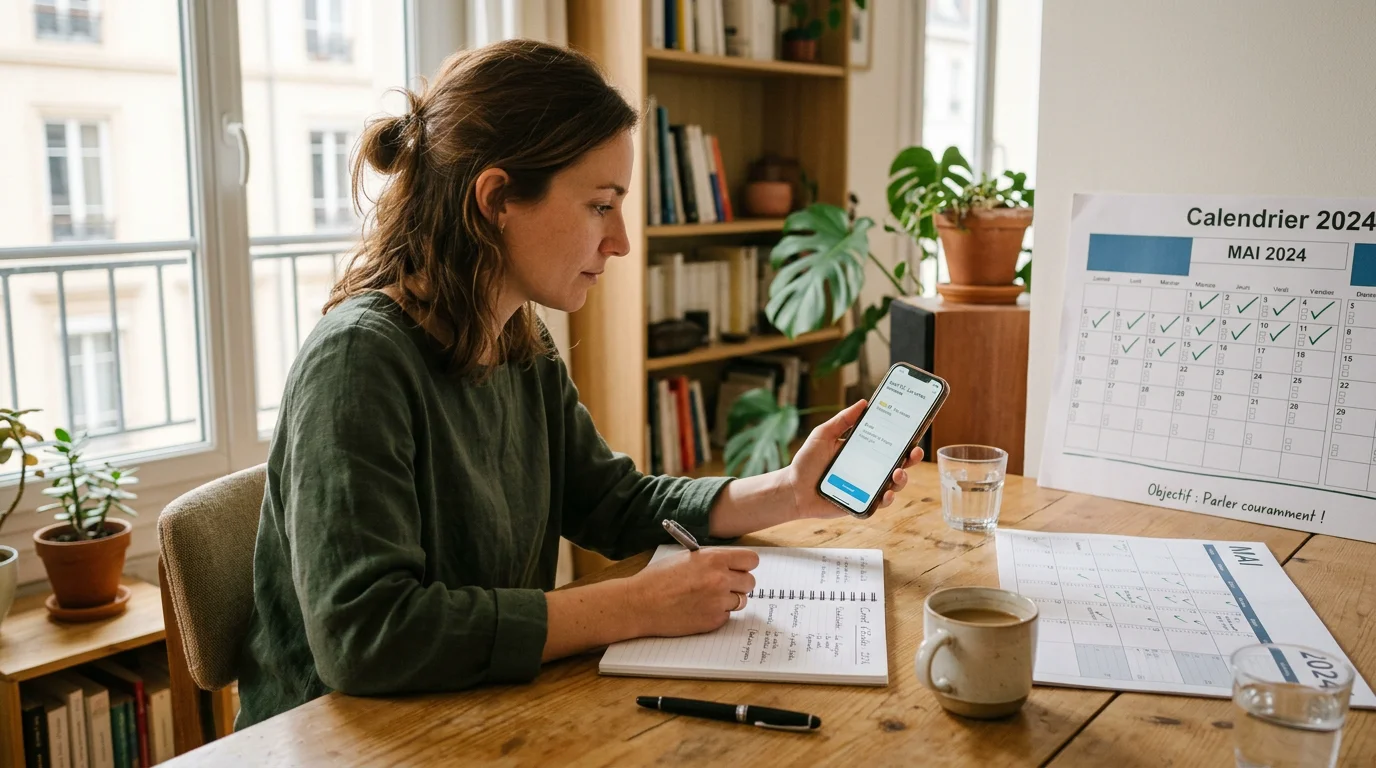 Adulte étudiant une langue étrangère sur son smartphone à son bureau