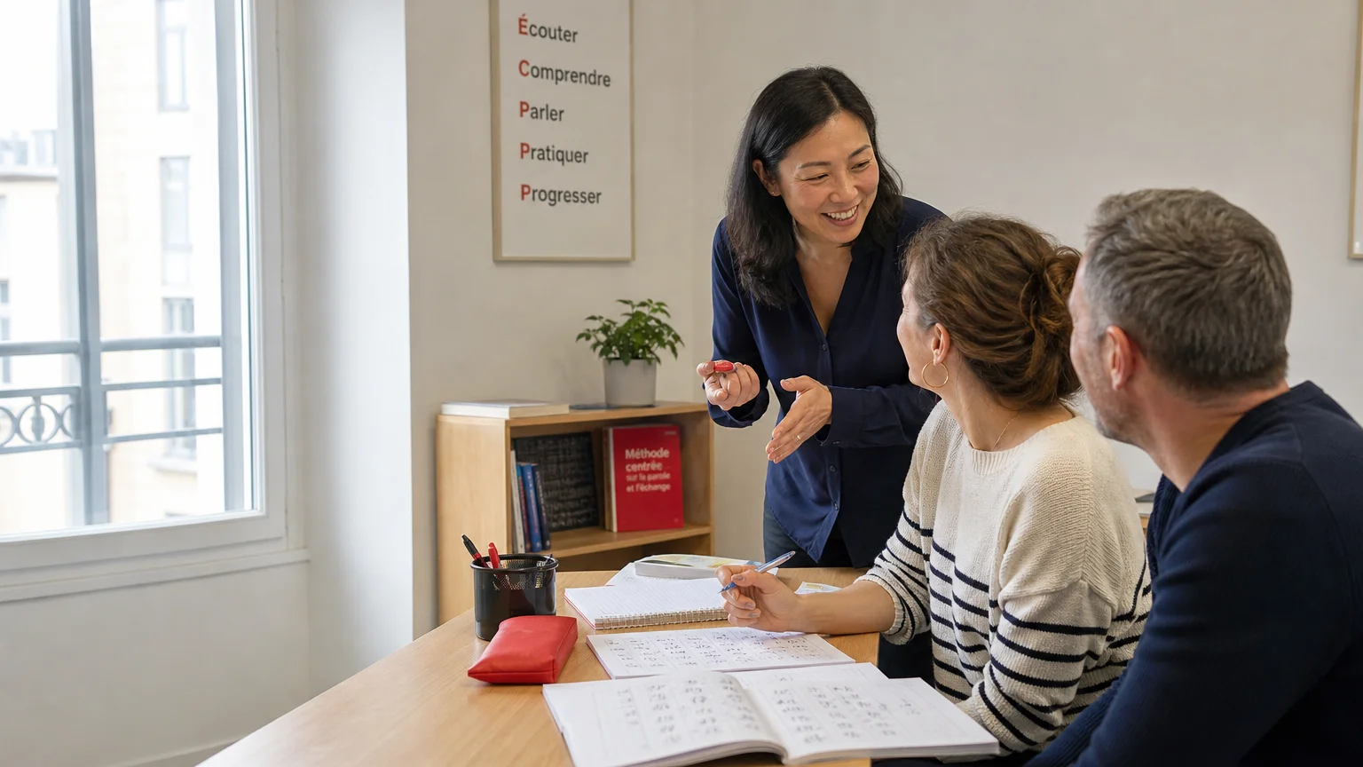 Adultes pratiquant le japonais à l’oral pendant une formation