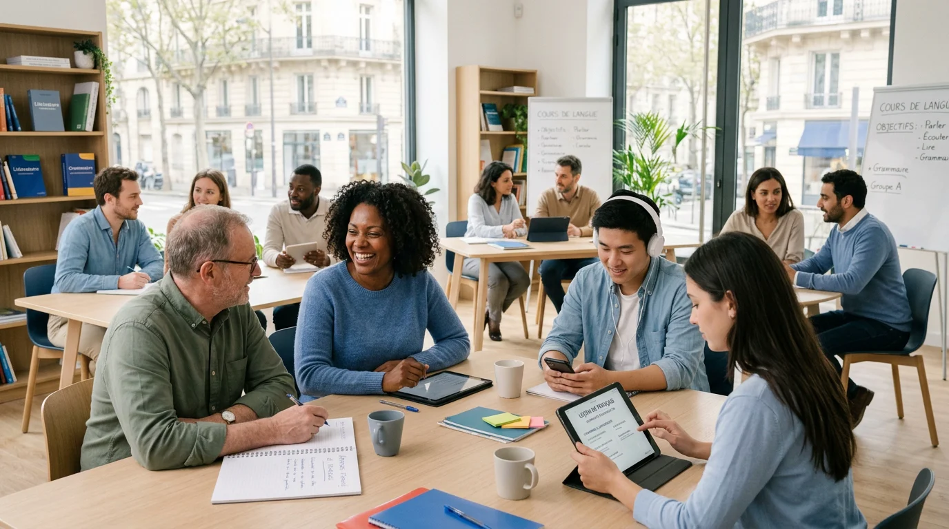 Groupe d'apprenants utilisant des applications et échangeant pour apprendre les langues
