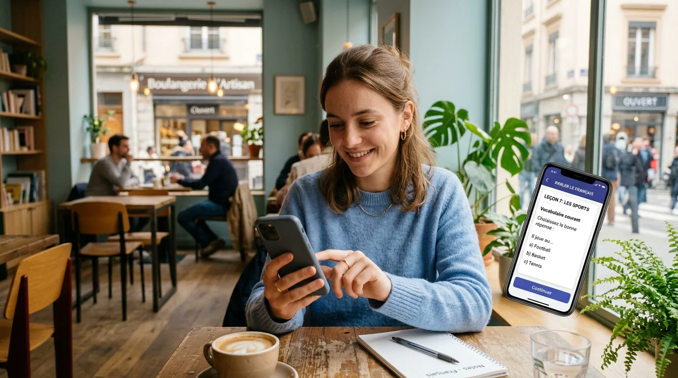 Personne utilisant une application de langue sur son smartphone dans un café