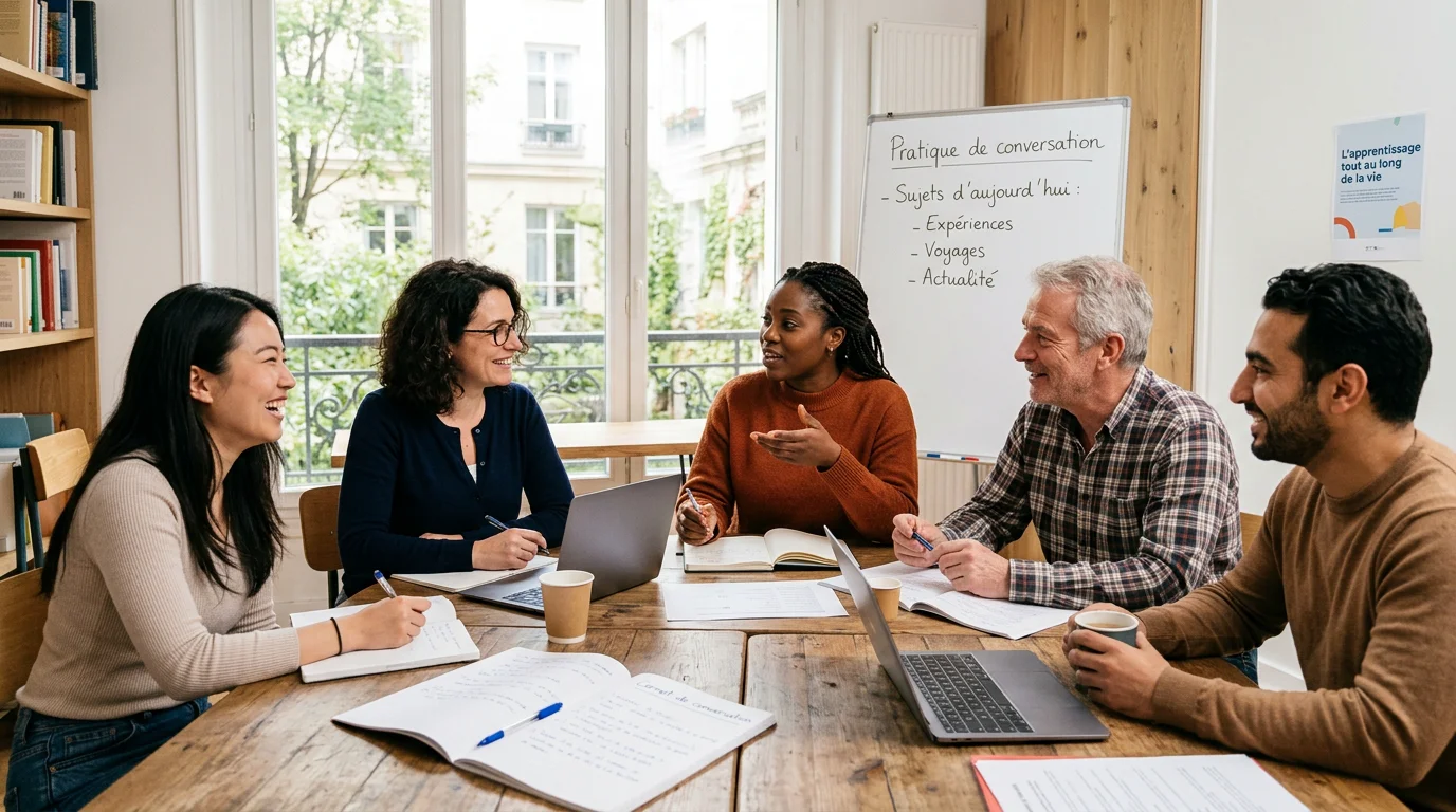 Groupe d'adultes pratiquant une langue étrangère en formation