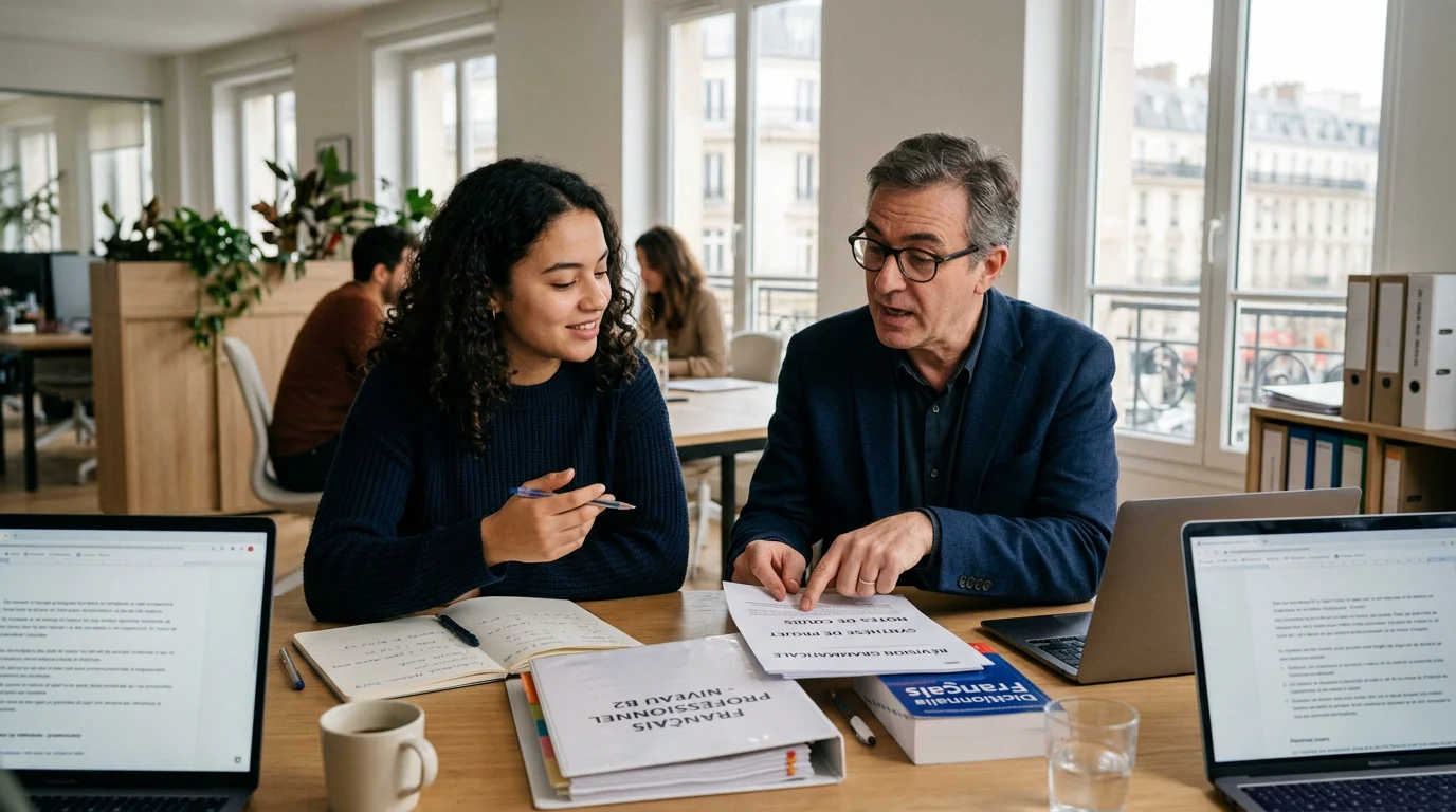 Apprenant et tuteur échangeant dans un bureau pendant une formation en langues