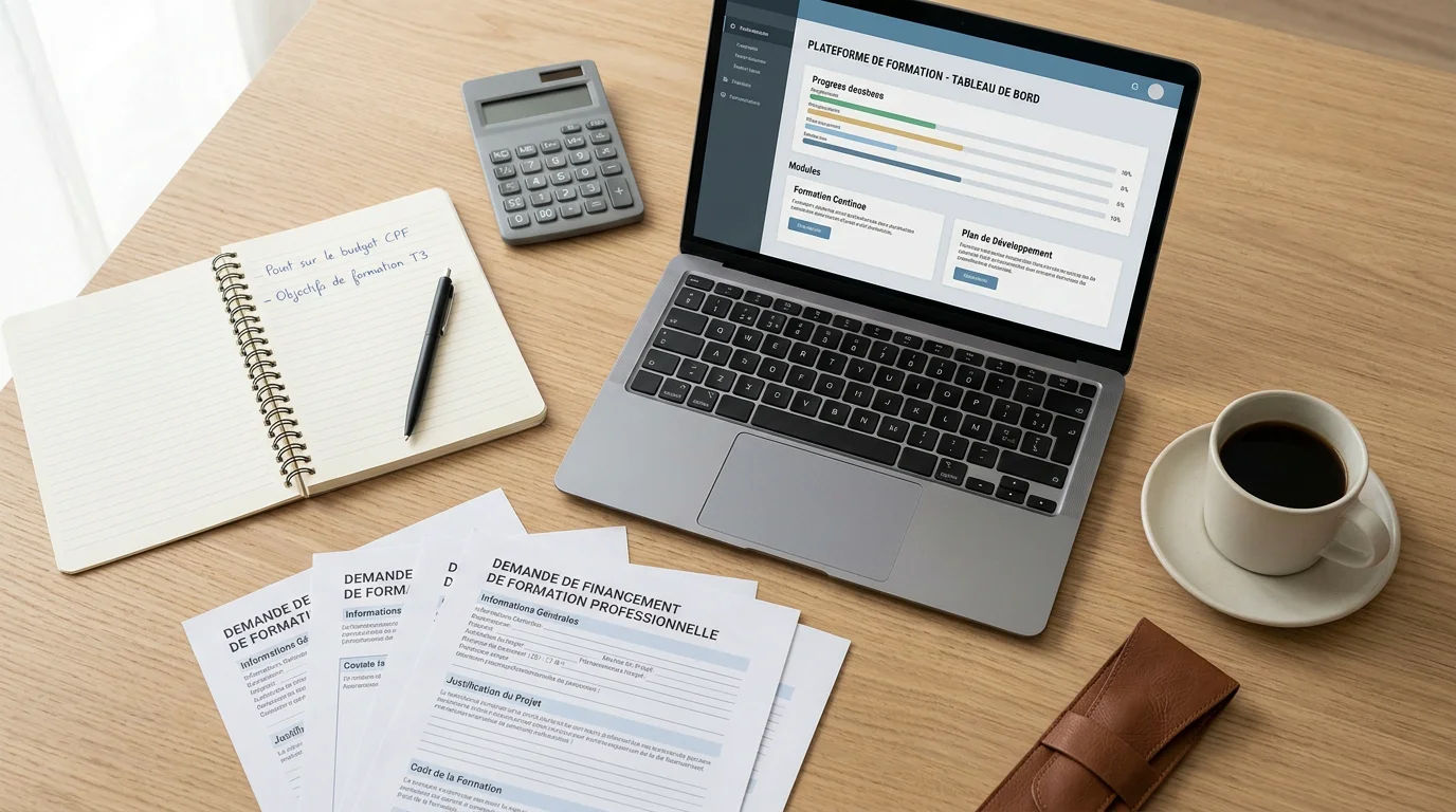 Bureau avec ordinateur et documents liés au financement d'une formation