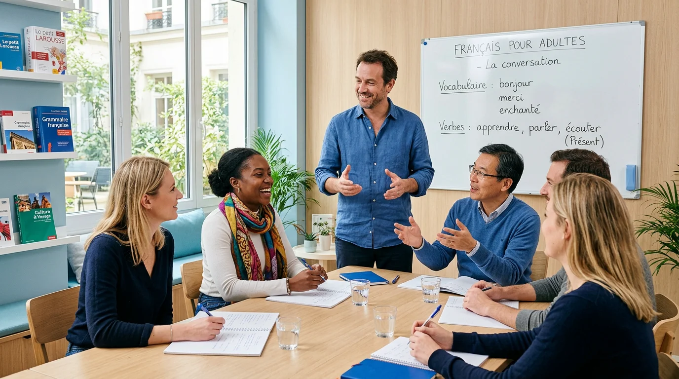 Groupe d'adultes suivant une formation en langue française avec un formateur