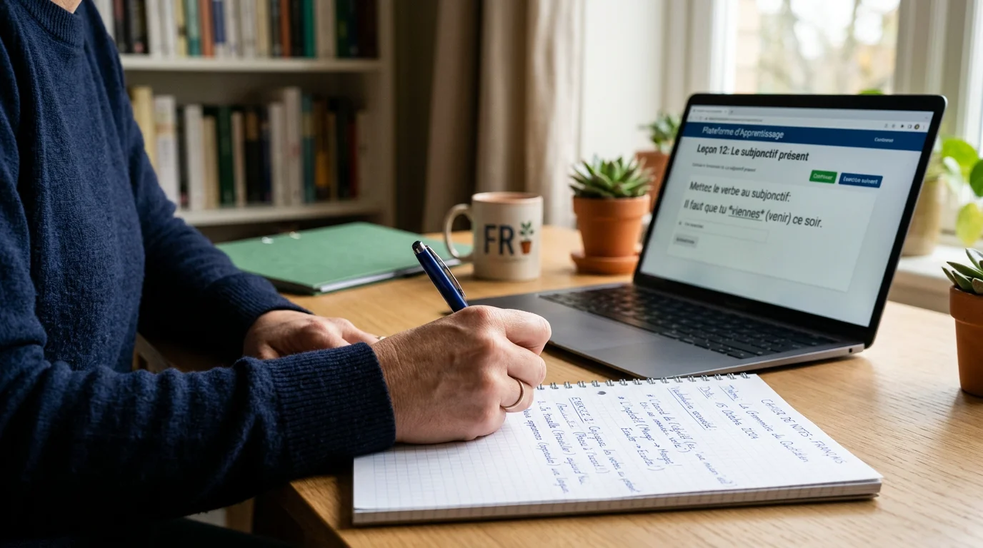 Poste de travail d'un apprenant préparant une certification de français