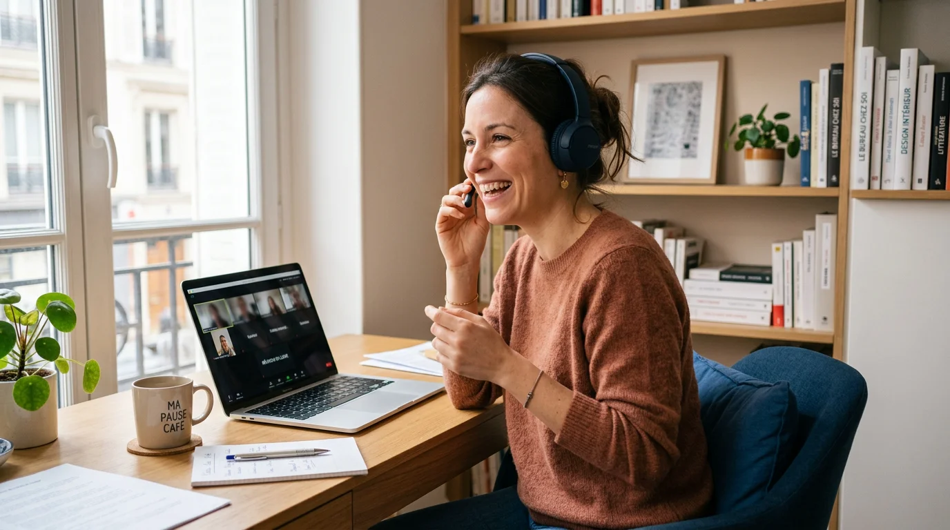 Personne qui s'entraîne à parler anglais en visioconférence à son bureau