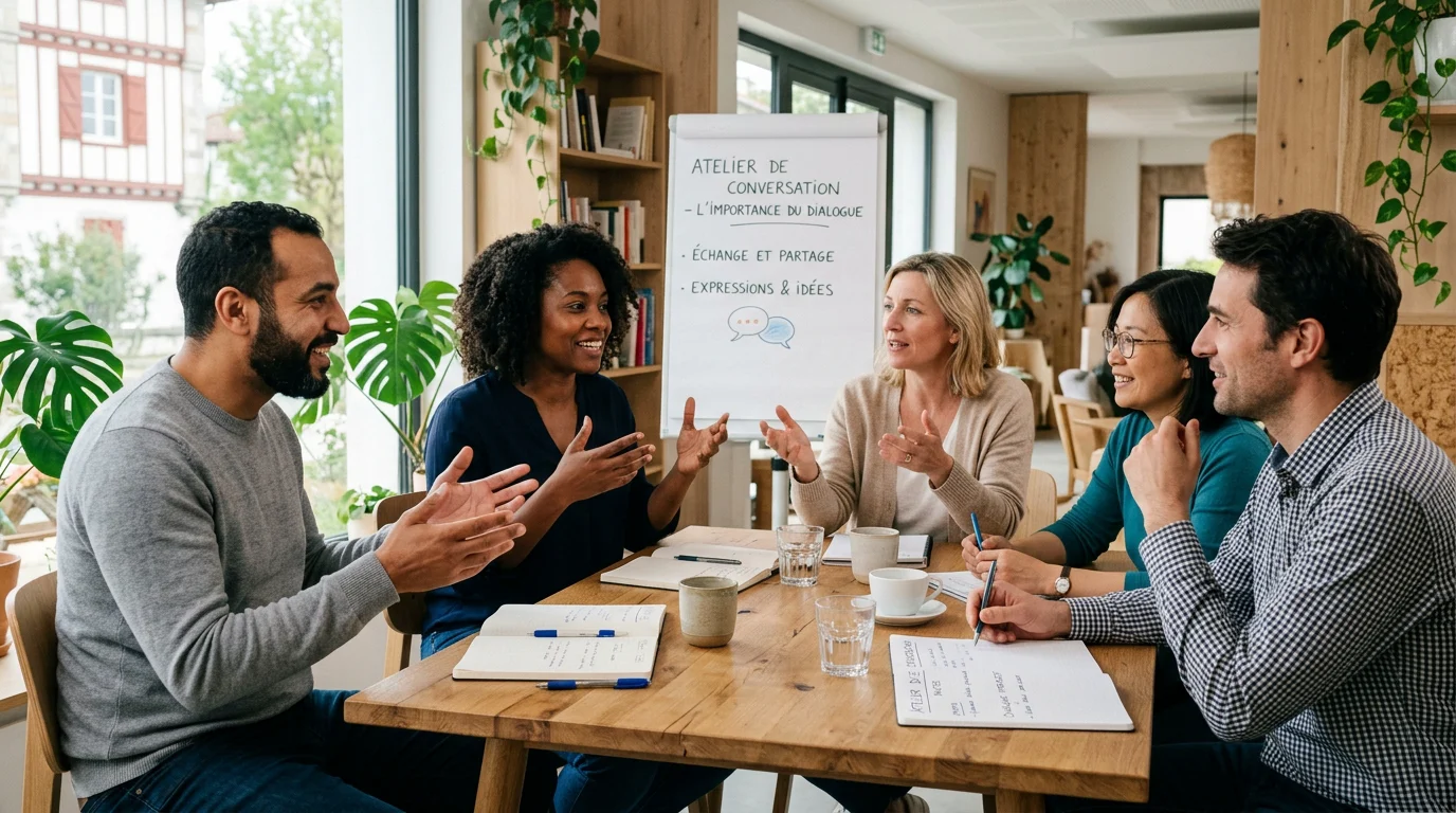 Atelier de conversation en anglais entre adultes autour d'une table