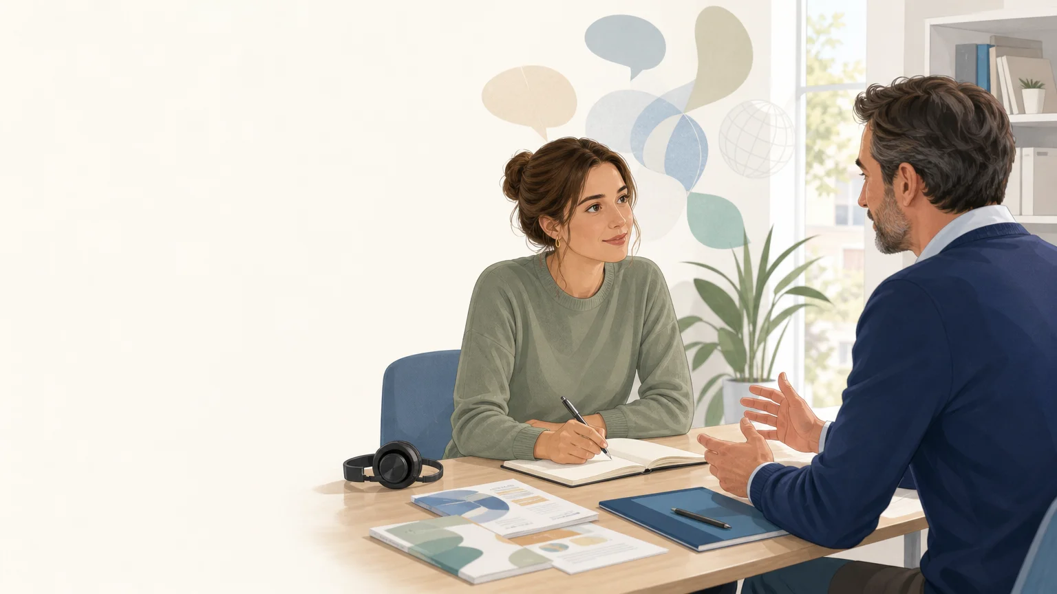 Apprenante française échangeant avec un formateur dans un environnement de formation linguistique moderne