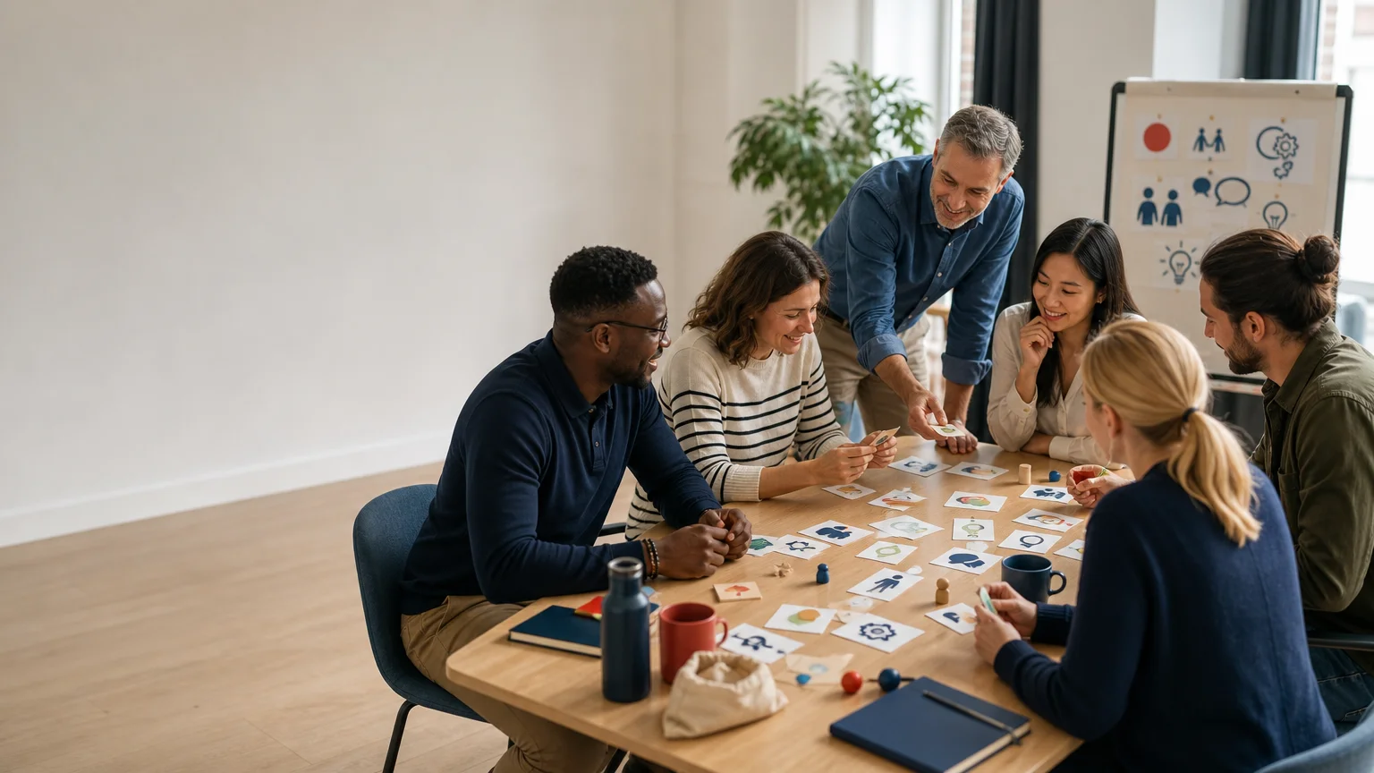 Équipe professionnelle française participant à une activité de team building en anglais