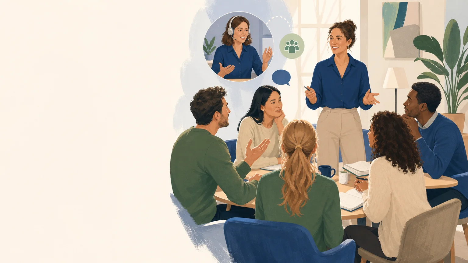 Apprenants adultes échangeant avec une formatrice dans un cadre de formation linguistique en France