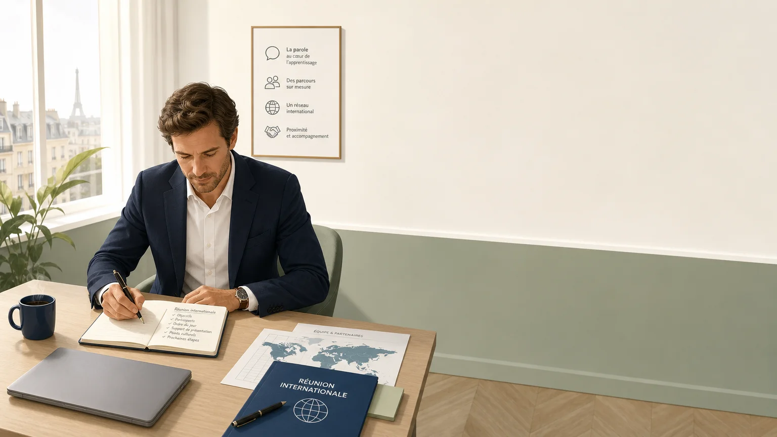 Illustration d’un entrepreneur préparant une réunion professionnelle en anglais