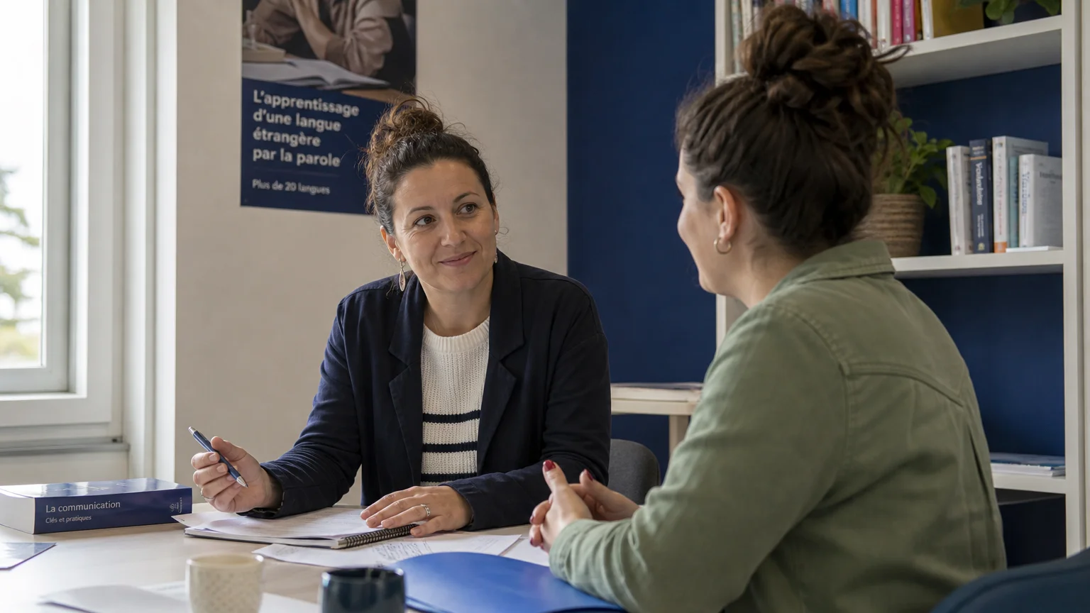 Échange oral entre un apprenant et une formatrice pendant une formation de français