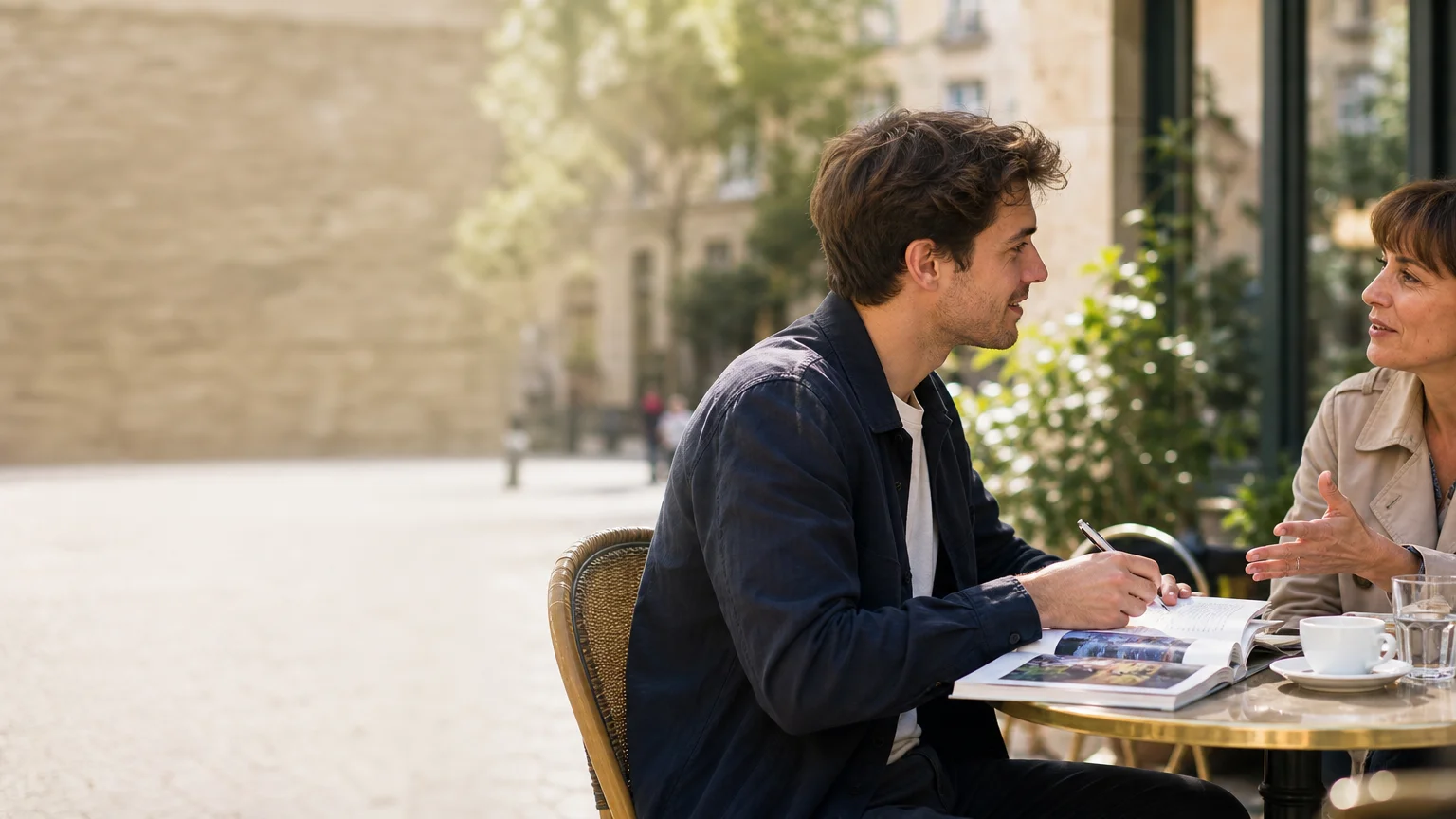 Jeune adulte français pratiquant une langue étrangère pendant un séjour linguistique en Europe
