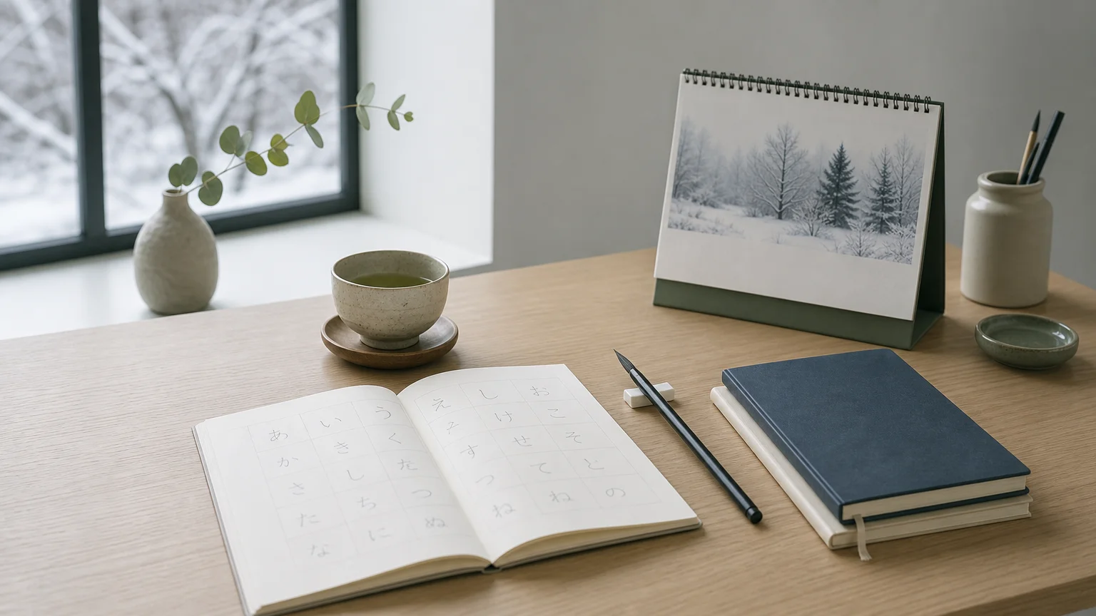 Table de préparation pour un stage de japonais d'hiver