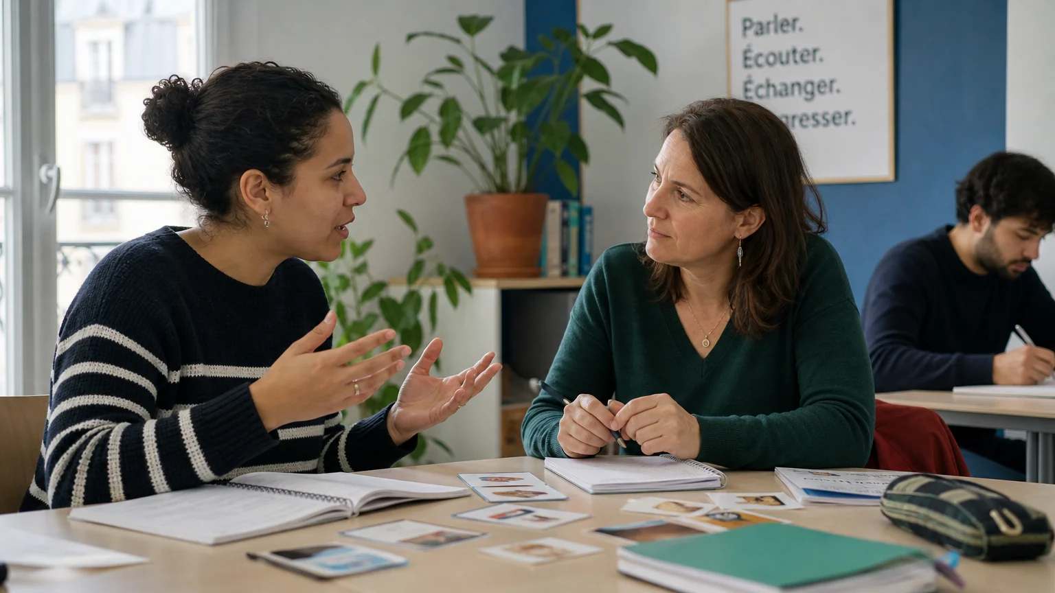 Apprenante en cours de français professionnel avec une formatrice