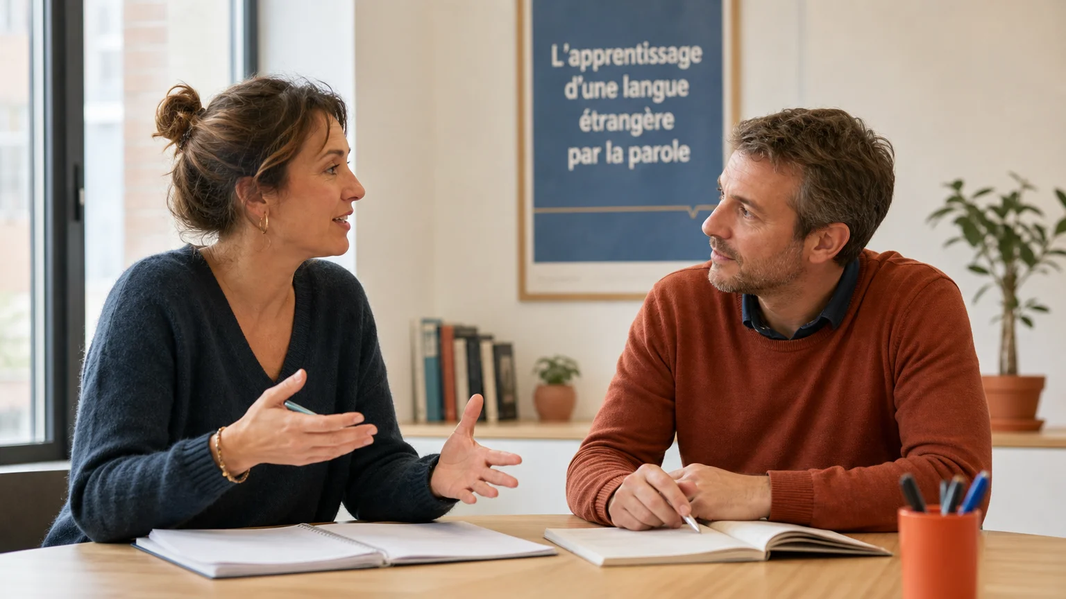 Échange oral entre une formatrice et un apprenant pendant un cours d’arabe