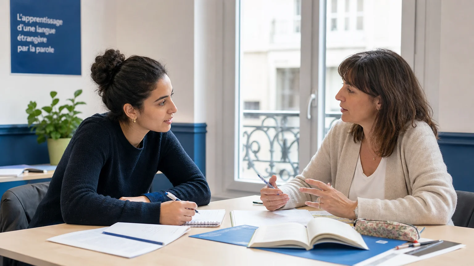 Échange oral entre une apprenante et une formatrice pendant un cours de français