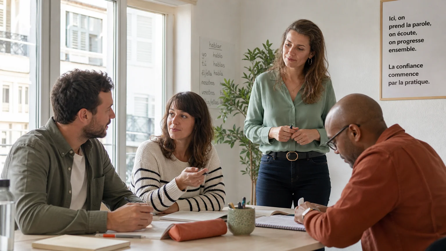 Adultes pratiquant l’espagnol en groupe avec un formateur