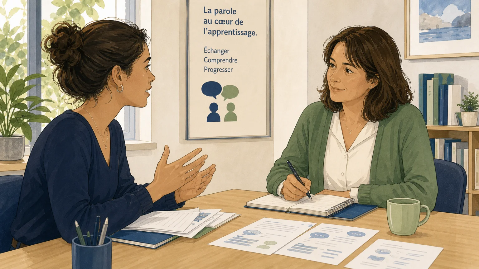 Une apprenante s’exerce à l’expression orale avec une formatrice avant un test de langue