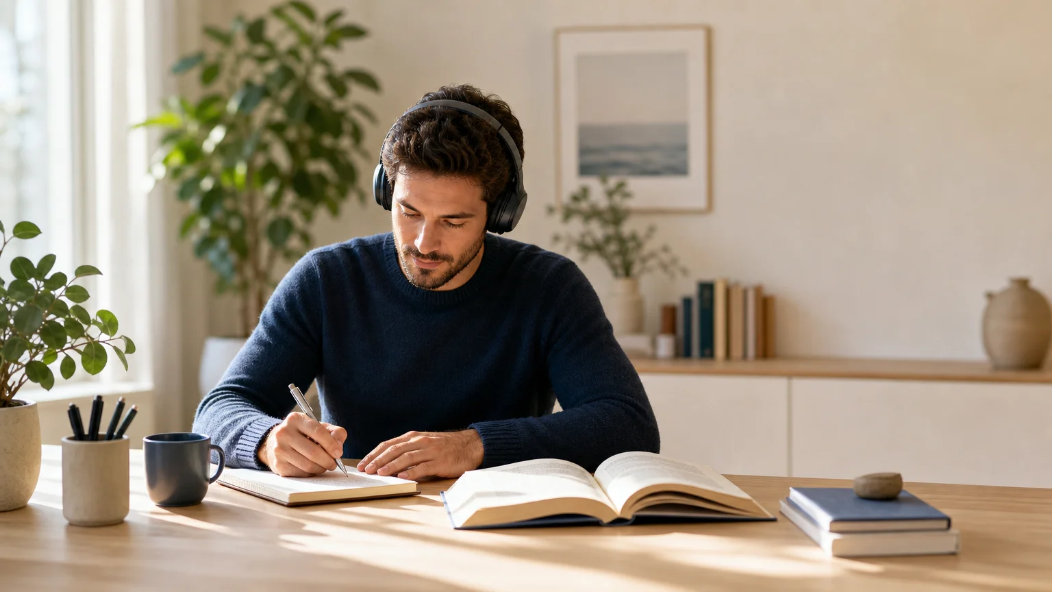 Adulte pratiquant une langue étrangère avec un carnet et des écouteurs